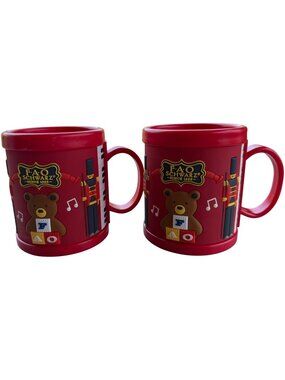 Set 2 FAO Schwartz Galerie 10 oz. Red Christmas Mugs 3D Embossed Design 3.75"H